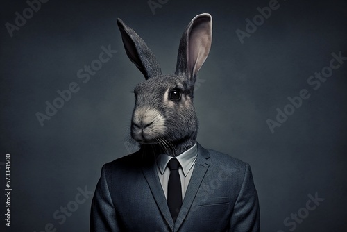 A Rabbit in a Formal Business Suit Against a Grey Background Created by Generative AI Technology © Brian