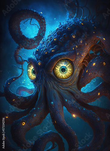 painting of an octopus with glowing eyes, fantasy art illustration 