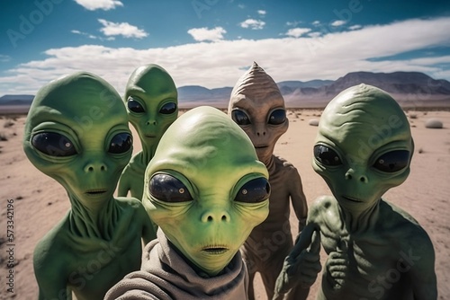A Group of Green Aliens with Big Eyes Taking a Selfie Outside Area 51 Created by Generative AI Technology photo
