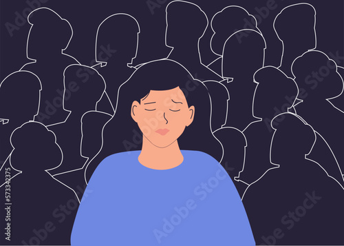 Lonely unhappy woman character feel abandoned in crowd suffer from communication lack cartoon. Upset girl struggle