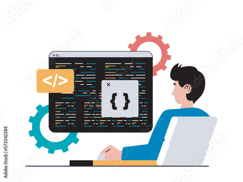 Programming software concept with character situation. Man works at computer and writes code, creates and optimizes pages and programs. Vector illustration with people scene in flat design for web