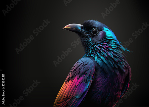 crow / raven with colorful feathers in, cyan, magenta, yellow and black (4C) against a dark background, cmyk color and print concept, generative ai