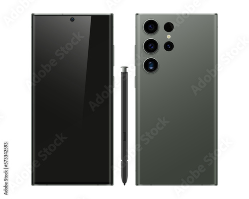 Vectorial smartphone design similar to Samsung S23 Ultra, front, back and s-pen photo