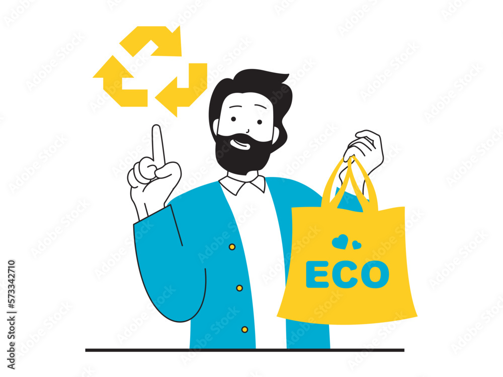 Save Earth concept with character situation. Man environmental activist uses textile eco shopping bag and calls for recycling and reusable. Vector illustration with people scene in flat design for web Save Earth concept with character situation. Man environmental activist uses textile eco shopping bag and calls for recycling and reusable. Vector illustration with people scene in flat design for web