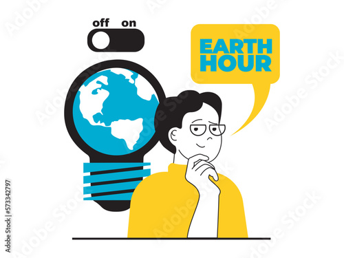 Save Earth concept with character situation. Man joins to campaigning for climate change awareness and turn off electricity for time. Vector illustration with people scene in flat design for web