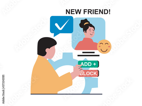 Social network concept with character situation. Man received friend request from woman and chooses to add or block, uses online profile. Vector illustration with people scene in flat design for web