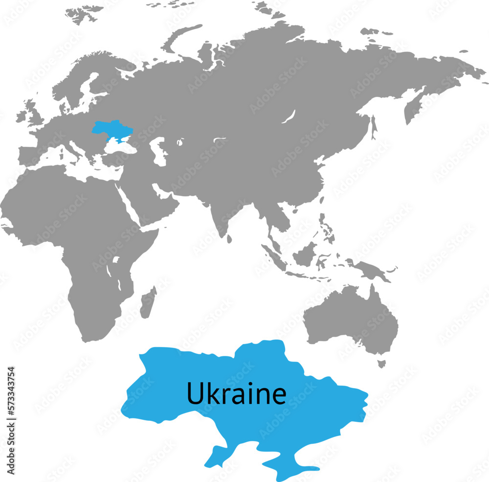 Ukraine marked by blue in grey World political map. Vector illustration.