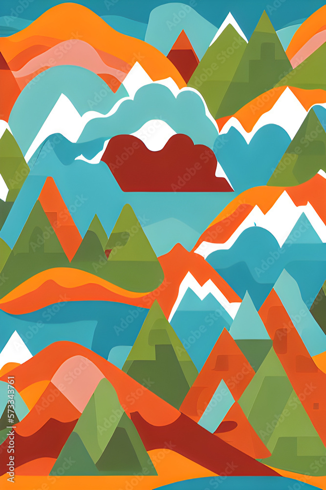 flat 2d style illustration of cozy mountain ranges created with flat minimalistic style  using vibrant and vivid colours