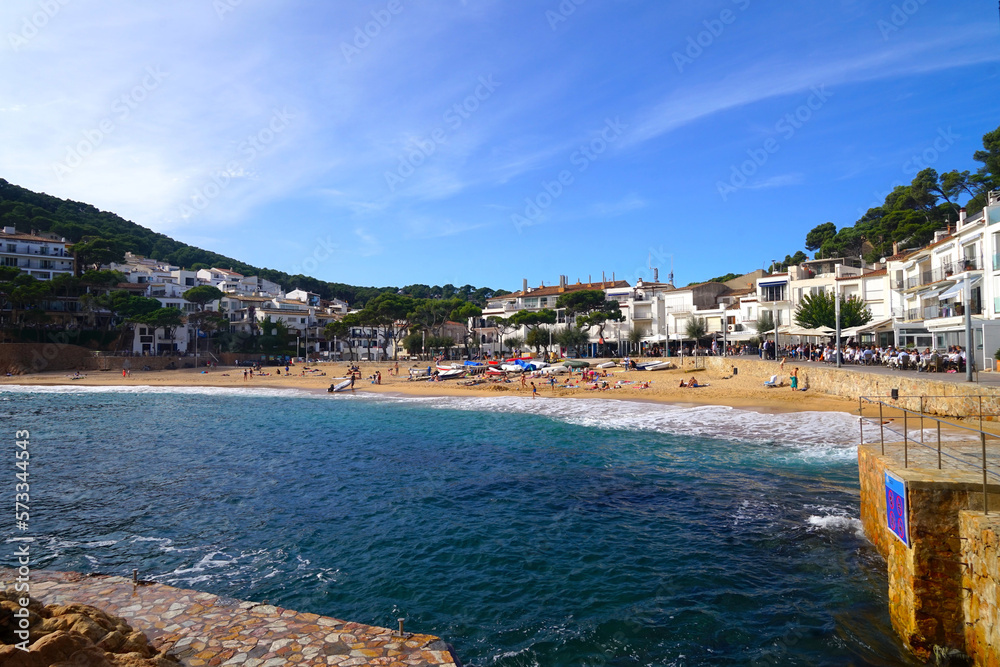 beautiful spanish town of Tamariu in a bay on the Mediterranean Sea with a promenade and a beach, Catalonia, Costa Brava, Girona