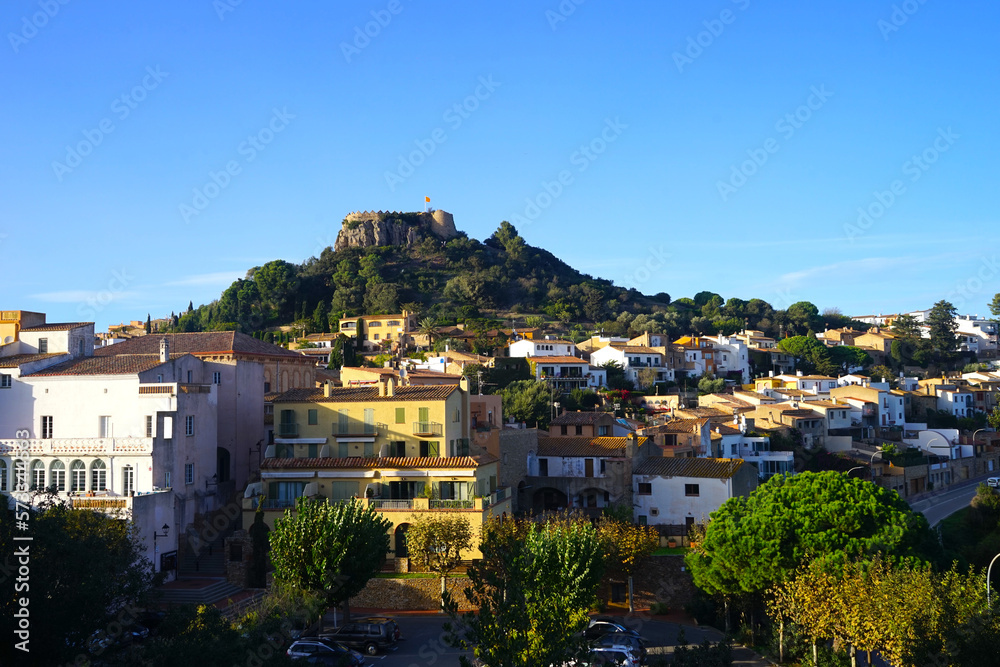 views to the Castell de Begur on top of a hill in the middle of the old town Begur in Catalonia, Costa Brava, Girona, Catalonia, Spain