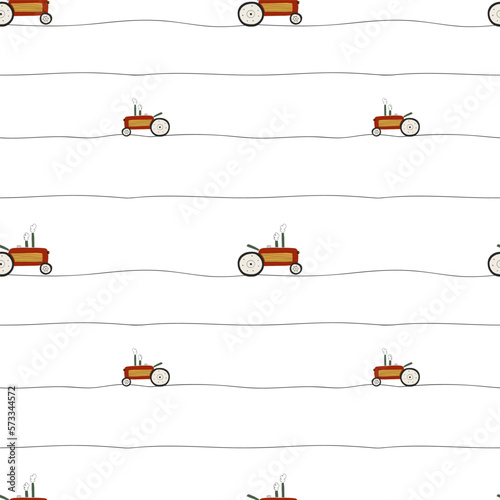 Cute Hand drawn tractor. Vector seamless pattern for fabric, textile and wallpaper. Minimslist nursery background trendy illustration