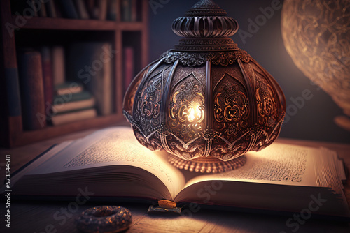 Ancient arabic lamp on a table with a book, ai generative photo