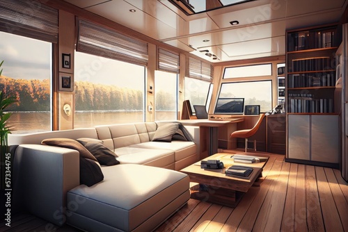 modern luxury houseboat yacht interior view - generative ai photo