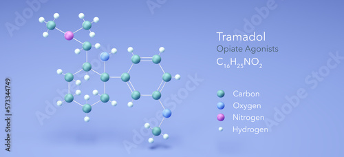 tramadol molecule, molecular structures, opiate agonists, 3d model, Structural Chemical Formula and Atoms with Color Coding photo