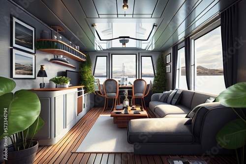 modern luxury houseboat yacht interior view - generative ai