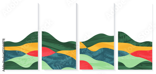 Green farm agriculture field template. Agro design vector layout. Abstract eco poster. Collection of ecology backgrounds. Eco countryside, hill shape, decoration set of organic farmland, nature art