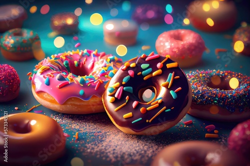 Donut Donuts Doughnut Doughnuts Glazed Frosted Sprinkles Jelly Filled Colorful Delicious Party Lights Dessert Celebration Background Image © DigitalFury