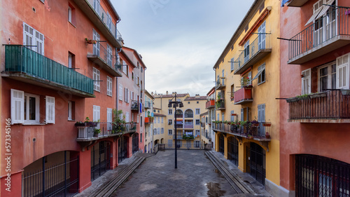 Residential Apartment Homes in Old Nice, France. Sunny Fall Season Cloudy Sky. © edb3_16