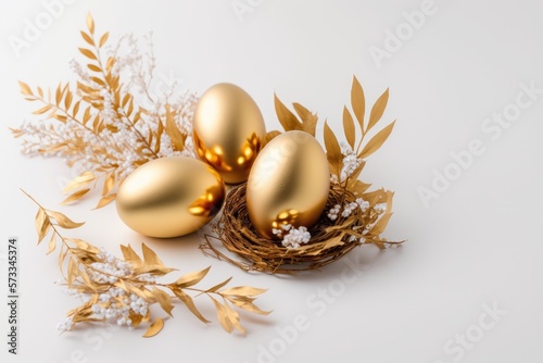 Stylish golden eggs easter concept. Easter gold_eggs background - generative ai