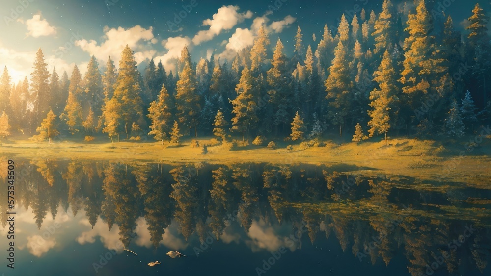 Fototapeta premium The vast and quiet taiga stretches to the horizon, with dense green trees grouped in deep harmony, as the fresh breeze whispers through their leaves and crystal snow lies on the frozen ground, creatin