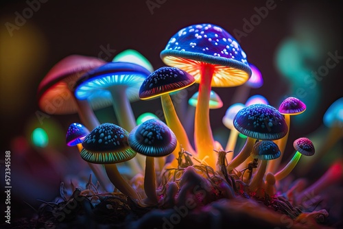 Psychedelic Magic Mushrooms. Glowing Colorful Neon Lights at the Forest. Surreal Fantasy image.