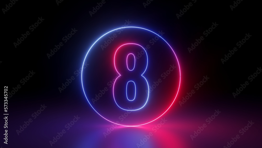 3d render, red blue neon number eight inside the linear round frame glowing in the dark, isolated on black background 3d render, red blue neon number eight inside the linear round frame glowing in the dark, isolated on black background