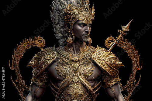 Illustration of Hindu warrior god Karna with golden armor and crown on black background. AI-Generated image. photo