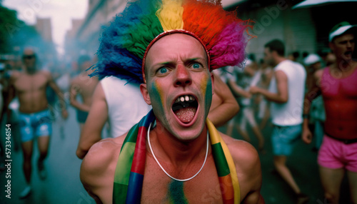 portrait of a man partying at the gay pride carnival, image created with ia 