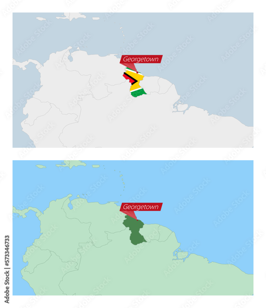 Guyana map with pin of country capital. Two types of Guyana map with