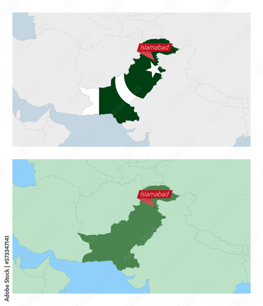 Pakistan map with pin of country capital. Two types of Pakistan map