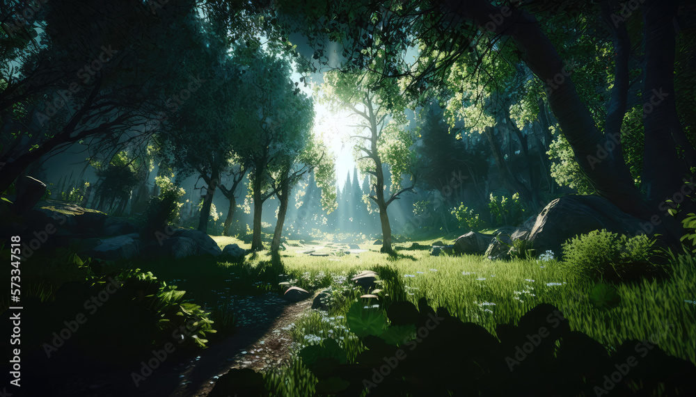  a mesmerizing view of a sunlit grassy dell in a magical forest, captured in low-angle cell-shaded style with beautiful volumetric ambient lighting