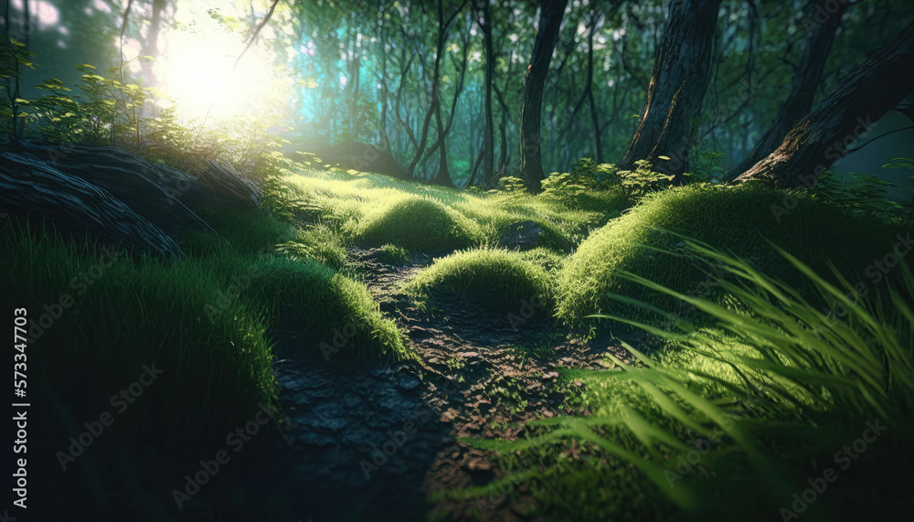  a mesmerizing view of a sunlit grassy dell in a magical forest, captured in low-angle cell-shaded style with beautiful volumetric ambient lighting