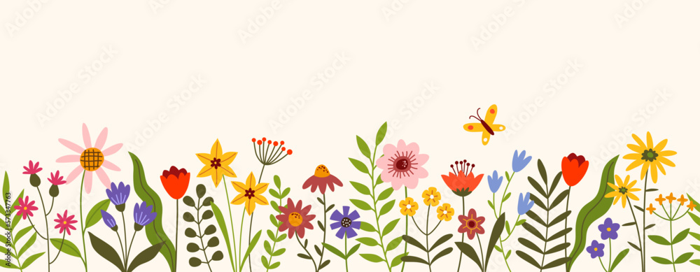 Wide horizontal banner with colorful flowers. Floral seamless pattern. Summer or spring background.