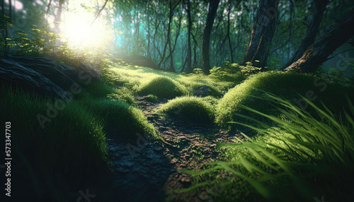  a mesmerizing view of a sunlit grassy dell in a magical forest  captured in low-angle cell-shaded style with beautiful volumetric ambient lighting