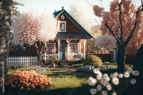 Spring garden house. Illustration AI Generative