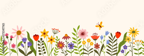 Wide horizontal banner with colorful flowers. Floral seamless pattern. Summer or spring background.