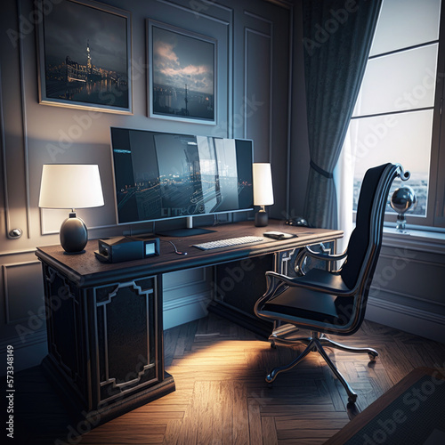 Office working desk with big monitor. Illustration AI Generative