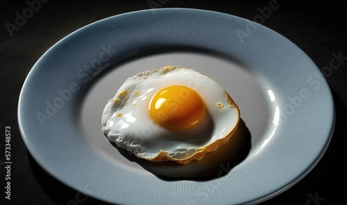  a fried egg on a white plate on a black table. generative ai