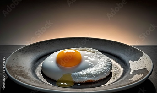  a plate with a fried egg on it on a table. generative ai