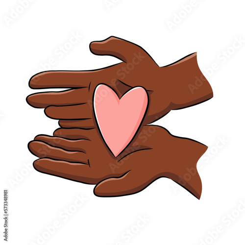 Hands hold pink heart. Black skin. African american ethnicity. Diversity and ethnicity. International Mother’s Day, Valentine’s Day. Cute vector hand drawn illustration in cartoon style.