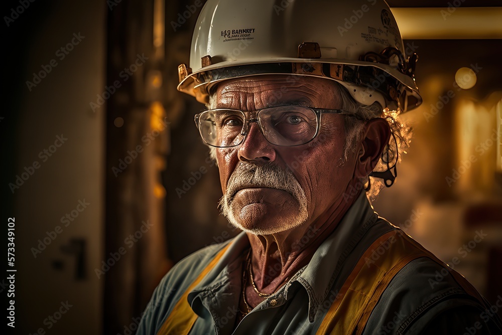 Close up portrait of senior construction engineer wearing safety helmet and uniform, working on new project in sunset golden hour.