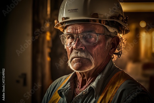 Close up portrait of senior construction engineer wearing safety helmet and uniform, working on new project in sunset golden hour.