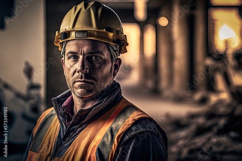 Close up portrait of senior construction engineer wearing safety helmet and uniform, working on new project in sunset golden hour.