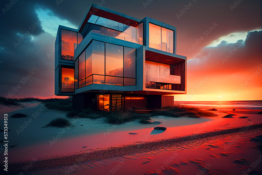 Beach house. Suburban Townhouse in florida. California beach houses near ocean. Coastal interiors and luxury apartments, Modern beach home on sunset. Villa by sea on sunrise, down. AI Generative.