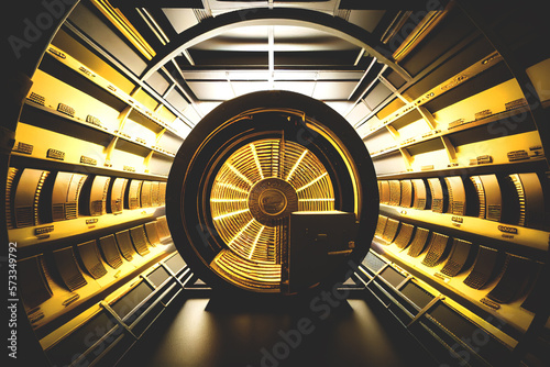 Store Gold, inside in Gold vault with money. Bank vault door, dollar and euro vault, inside in bank vault with money. Federal Reserve Bank storage with golden walls and gold stacks. Ai Generative