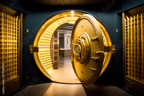 Bank vault with open door. Store Gold bar, inside in Gold vault money. Dollar and euro vault. Inside in bank vault money. Federal Reserve Bank storage  with golden walls and gold stacks. Ai Generative