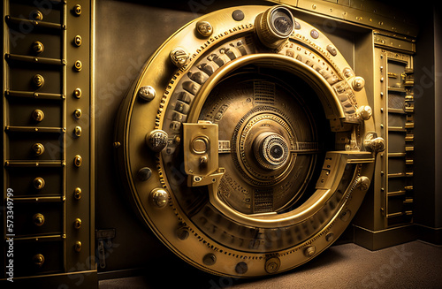 Store Gold, inside in Gold vault with money. Bank vault door, dollar and euro vault, inside in bank vault with money. Federal Reserve Bank storage with golden walls and gold stacks. Ai Generative