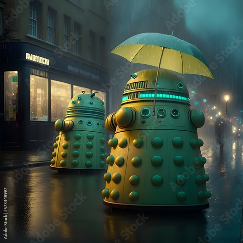 Fotografia white and gold Daleks in London street rain evening
