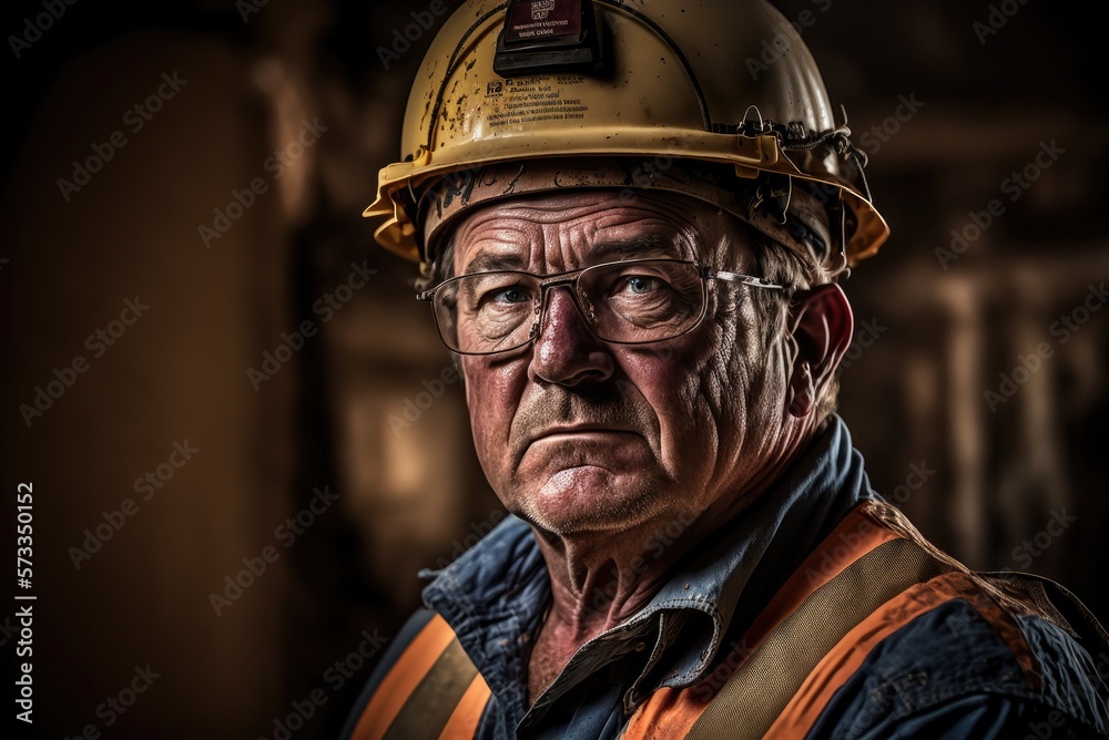 Obraz premium Close up portrait of senior construction engineer wearing safety helmet and uniform, working on new project in sunset golden hour.