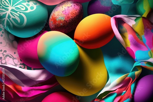 Closeup of colorful Easter eggs and fabric. Rainbow colors. AI-generated 